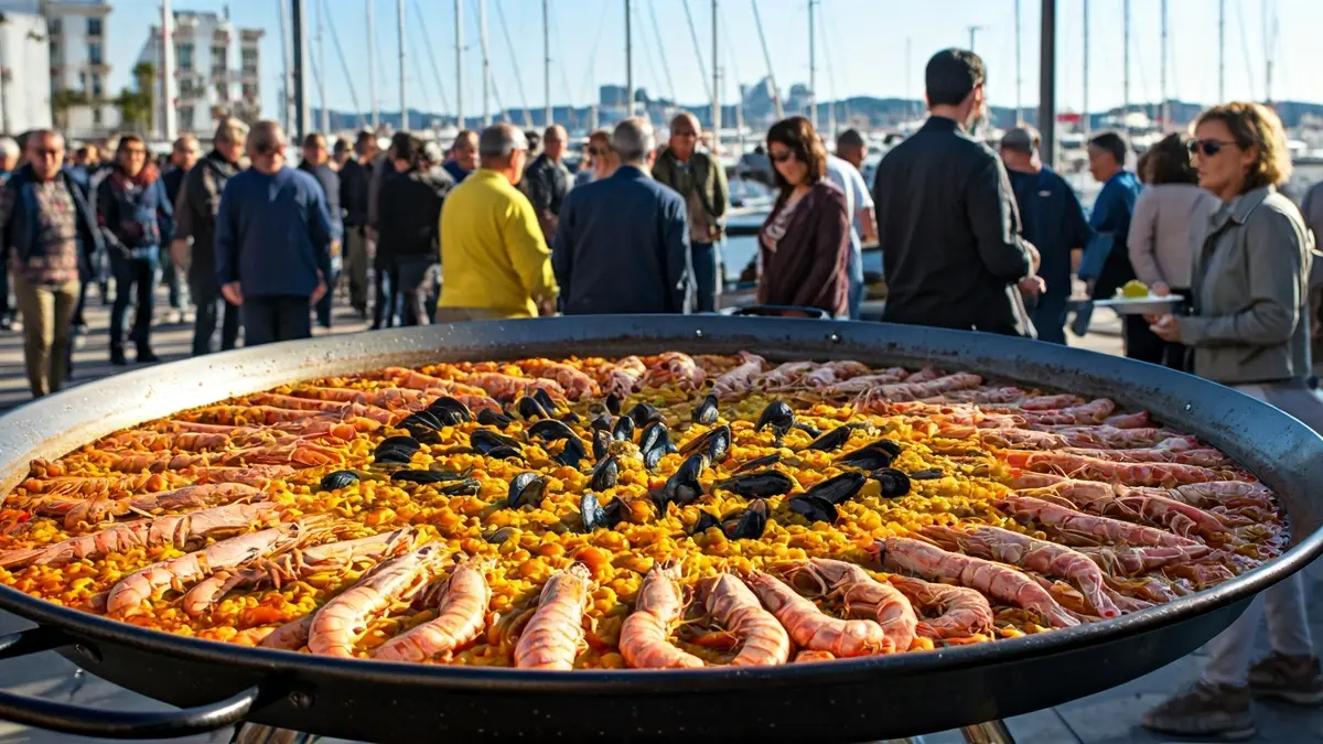 Imagen de un gran arroz marinero siendo servido en un evento al aire libre.