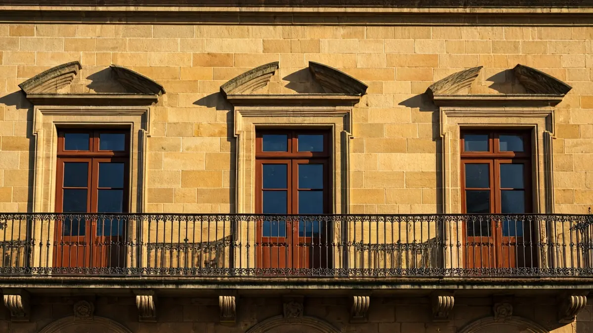 Facade of València City Hall with balcony and iron railings, bathed in afternoon sunlight.