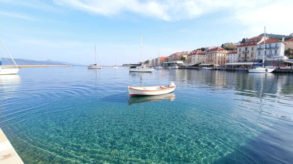 Generic image of a Mediterranean port with clean water and a moored boat.