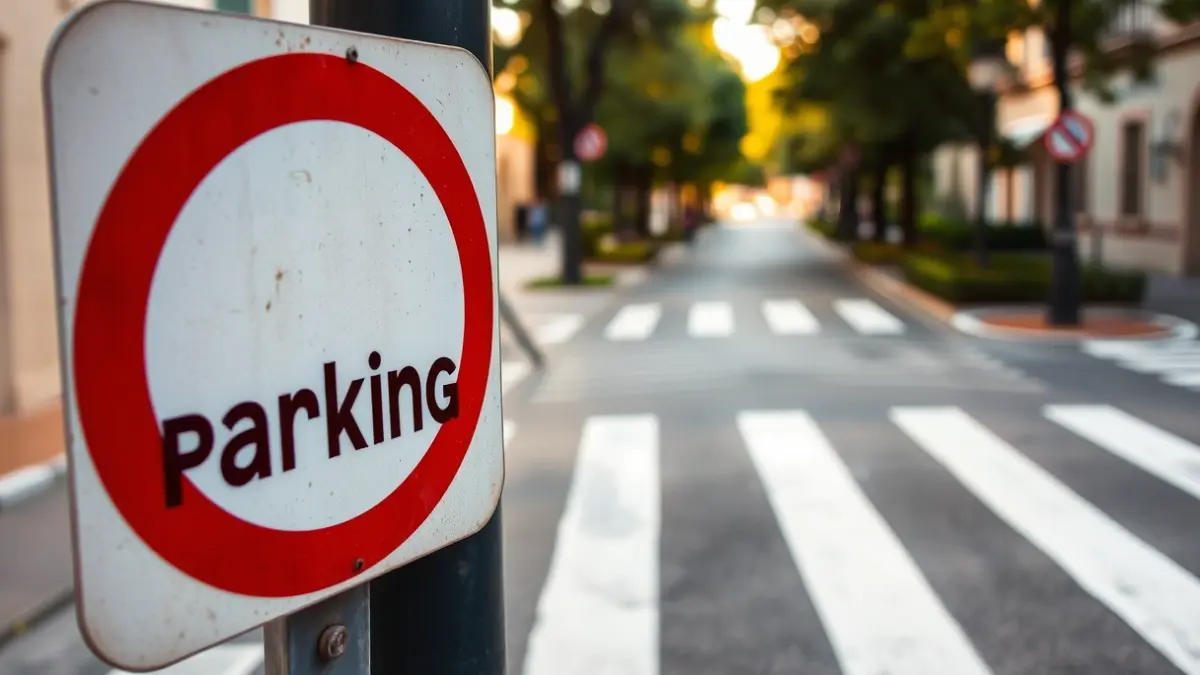 Generic image of a 'no parking' sign on a Mediterranean street.