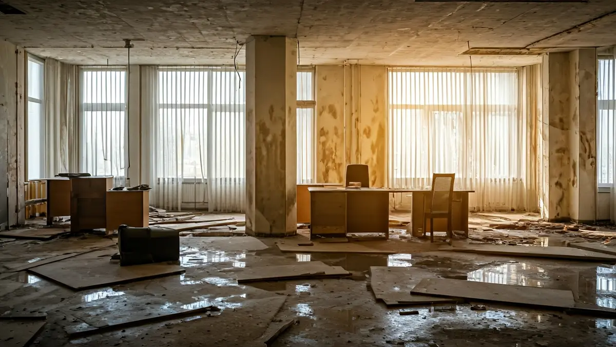 Imatge d'un interior d'oficina danyat per una inundació, amb mobles trencats i parets amb taques d'aigua.
