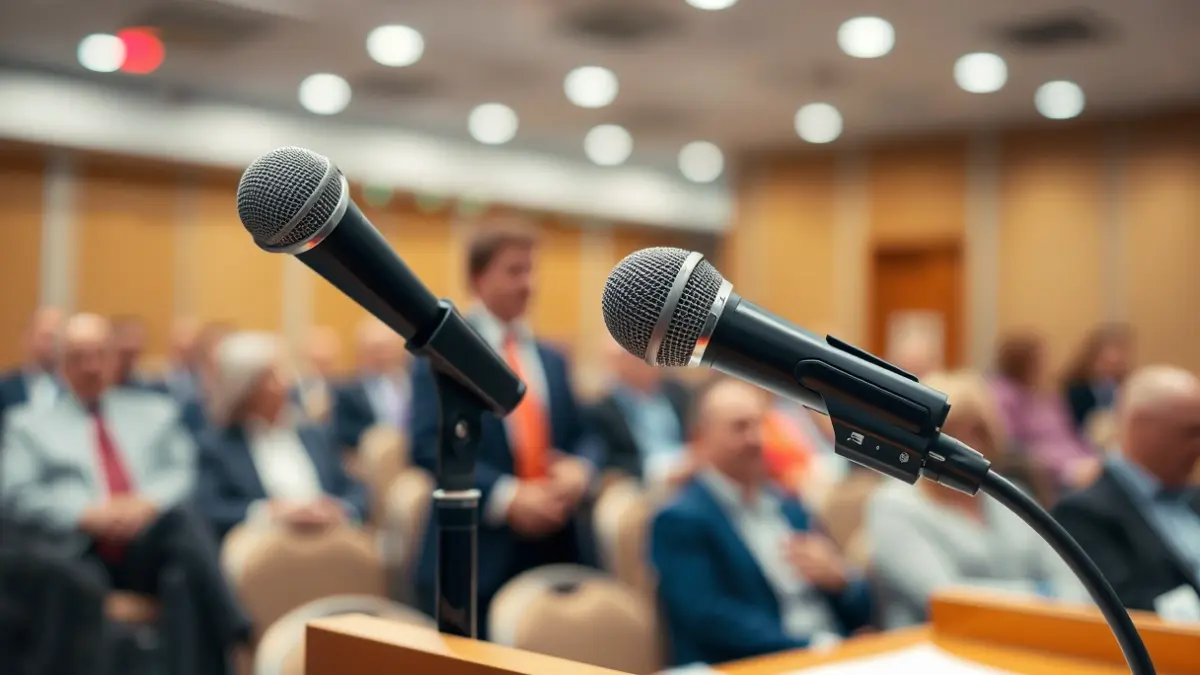 Generic image of a microphone on a podium during a union assembly.