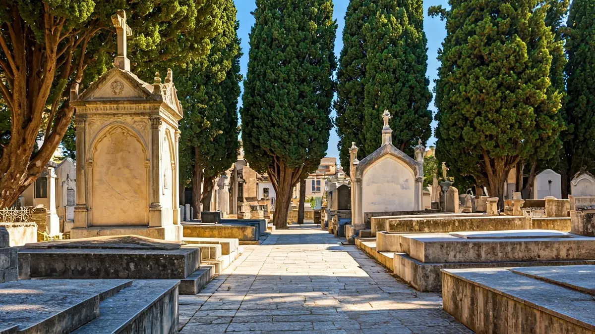 Image of an old cemetery in a Mediterranean city, with tombstones and cypress trees, evoking historical memory.