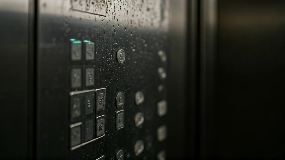 Imatge genèrica d'un panell de control d'ascensor amb alguns botons il·luminats, amb signes de desgast o danys per aigua.