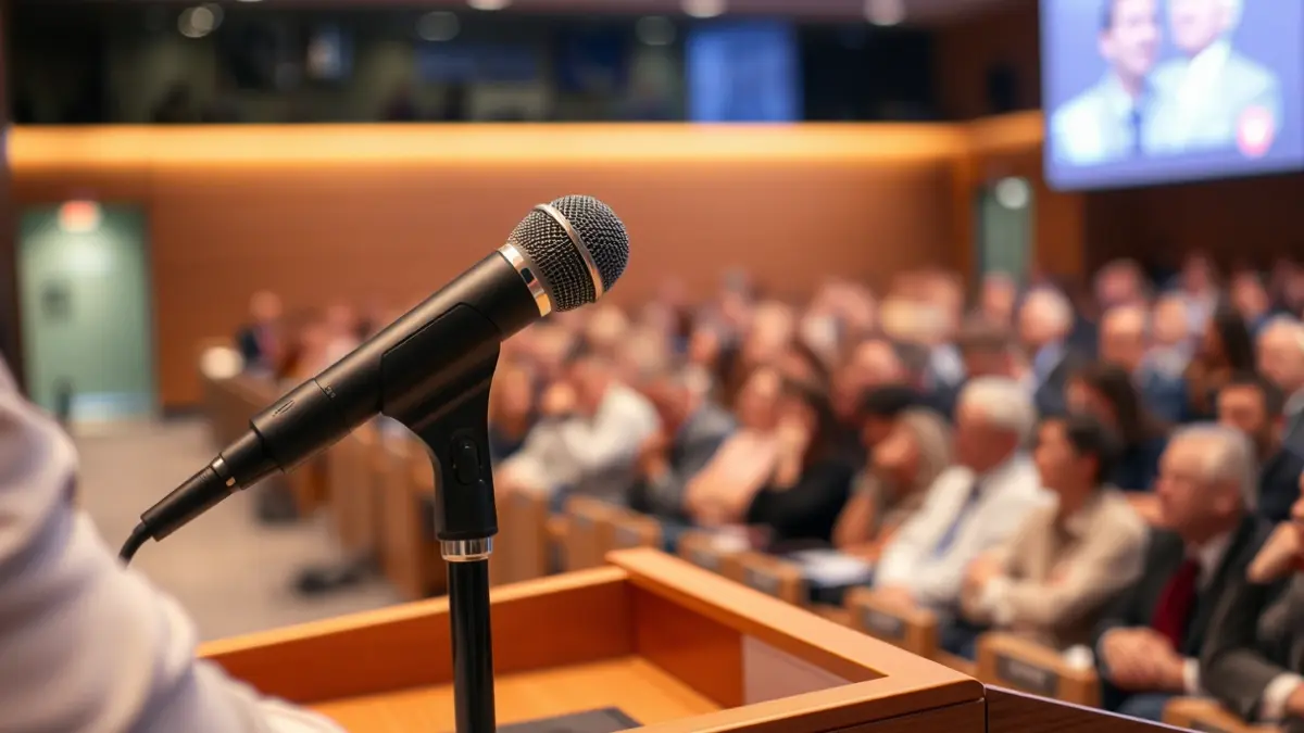 Generic image of a microphone on a podium, representing a public lecture or debate.