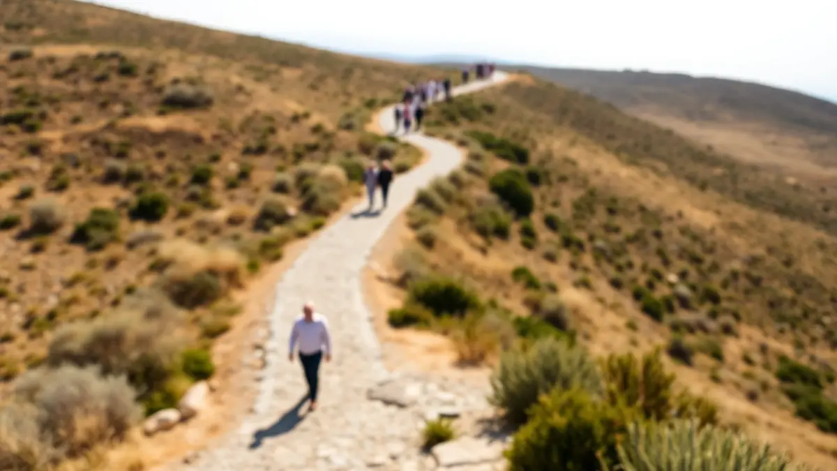 Generic image of a path with people walking in a Mediterranean landscape.