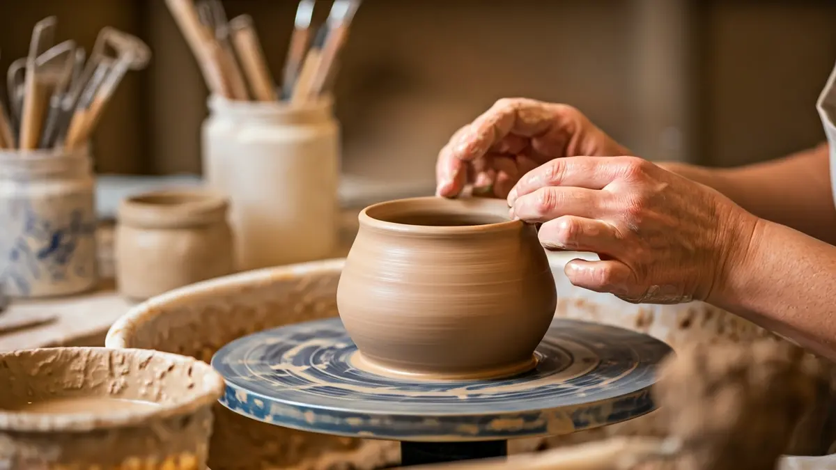 Imatge genèrica d'un taller de ceràmica amb un torn i eines.