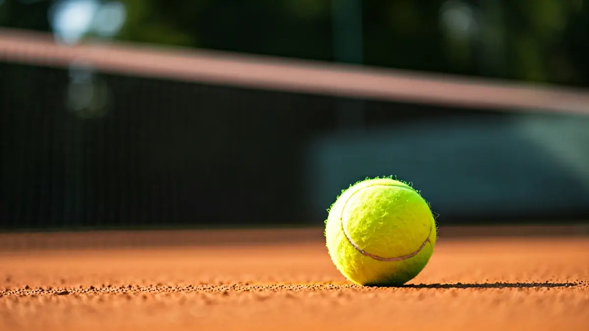 Generic image of a tennis ball on a clay court.