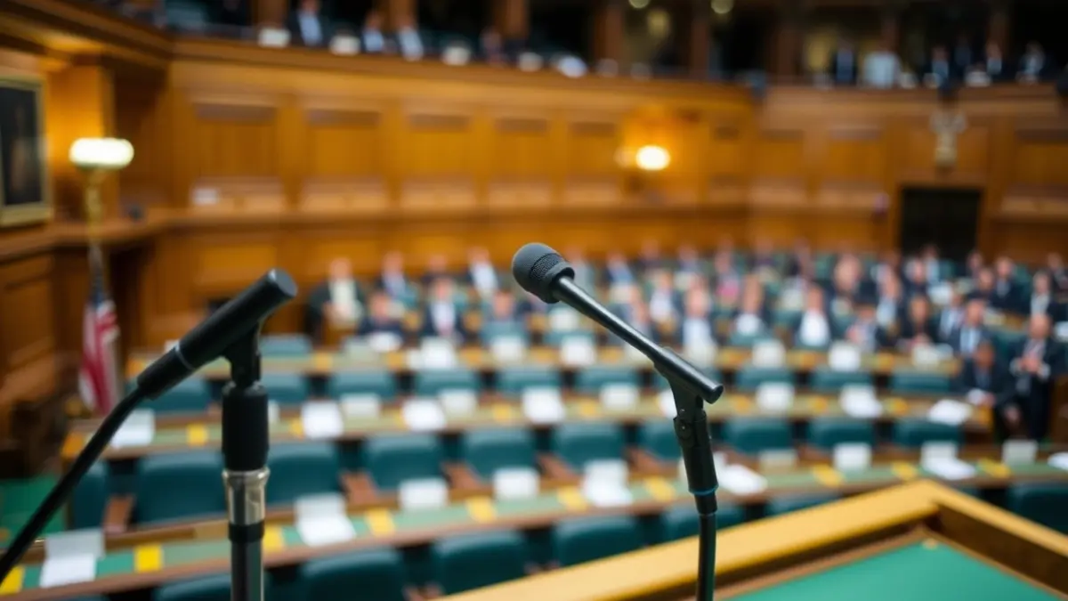 Imagen genérica de un micrófono en un atril en una sala parlamentaria.