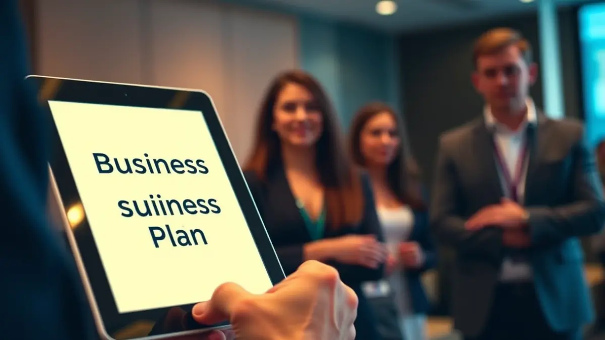 Imatge genèrica d'una mà sostenint una tauleta amb un pla de negoci, amb figures borroses d'estudiants i mentors en un esdeveniment professional.