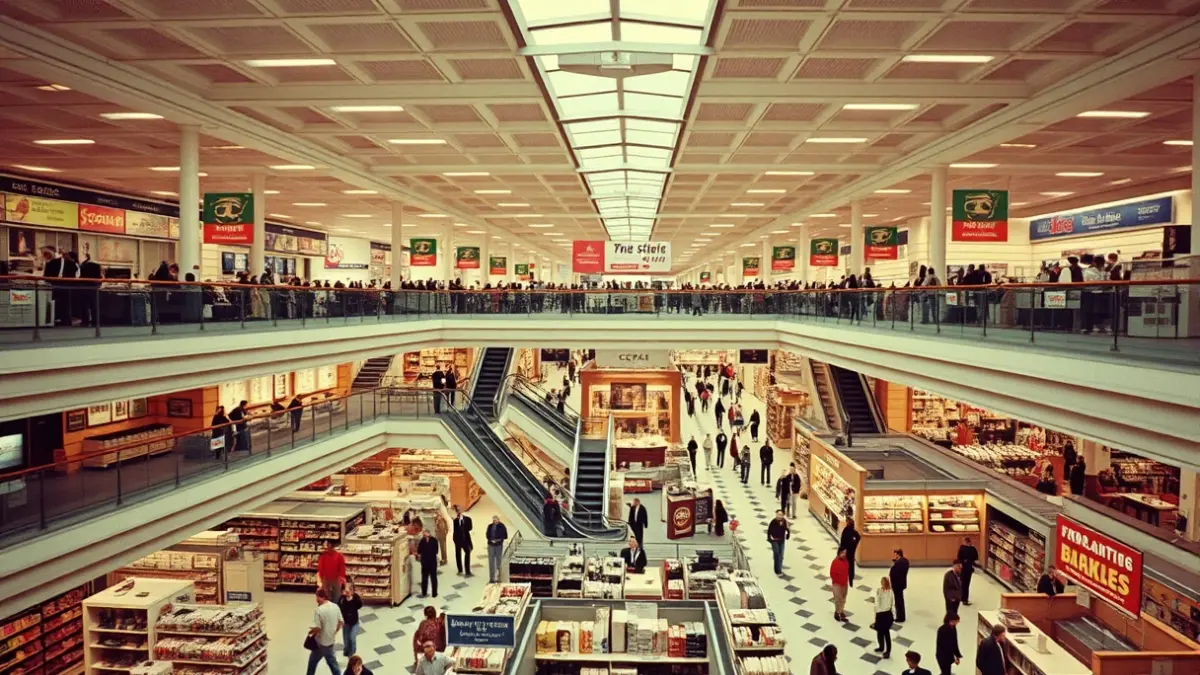 Imatge d'un gran magatzem dels anys 70, amb escales mecàniques i clients comprant.