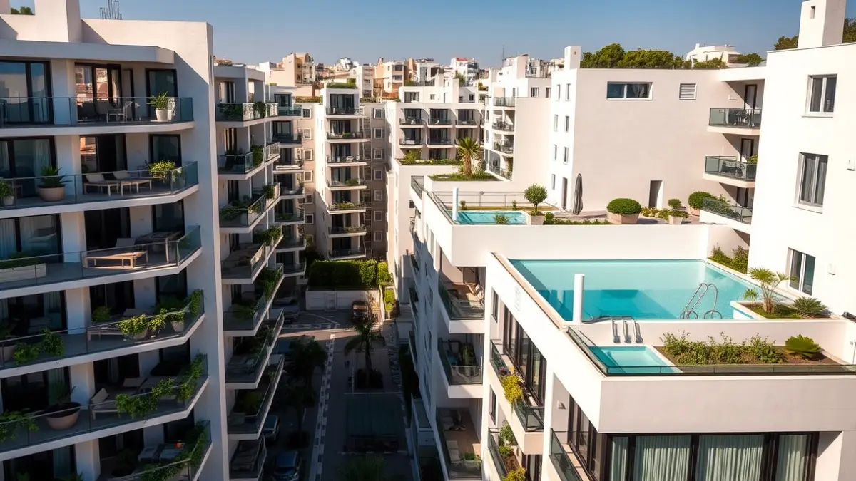 Generic image of modern residential buildings in a Mediterranean city, with balconies and rooftop pools.