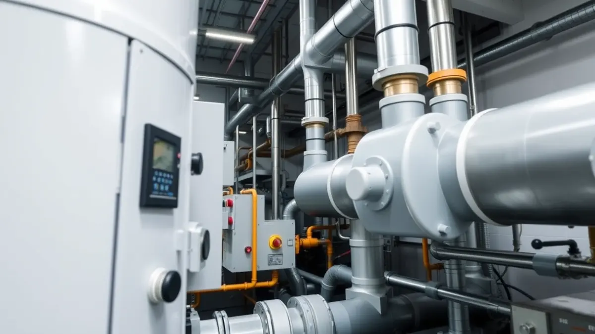 Imatge genèrica d'una sala de calderes moderna amb canonades i panells de control.