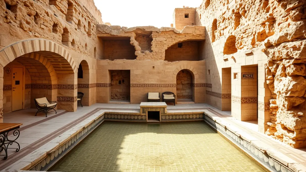 Image of the Arab baths of Elche Market, with stone structures and architectural details.