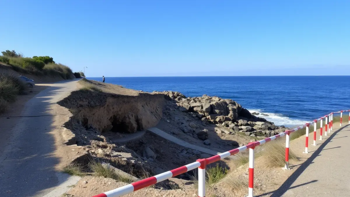 Imatge d'un tram del Sender Blau de Cabo Roig amb danys per despreniments de terra i tanques de seguretat.