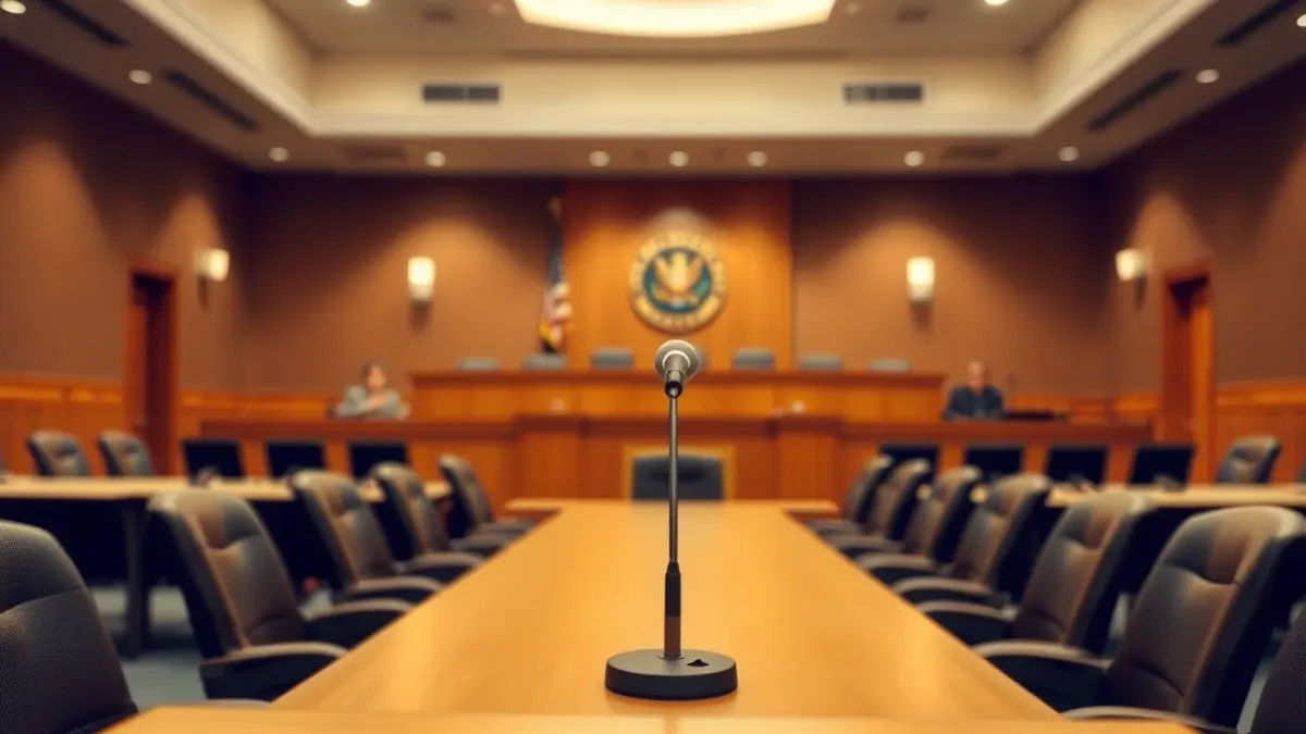 Imatge genèrica d'una sala de comissió municipal buida, amb cadires al voltant d'una taula gran i un micròfon al faristol.