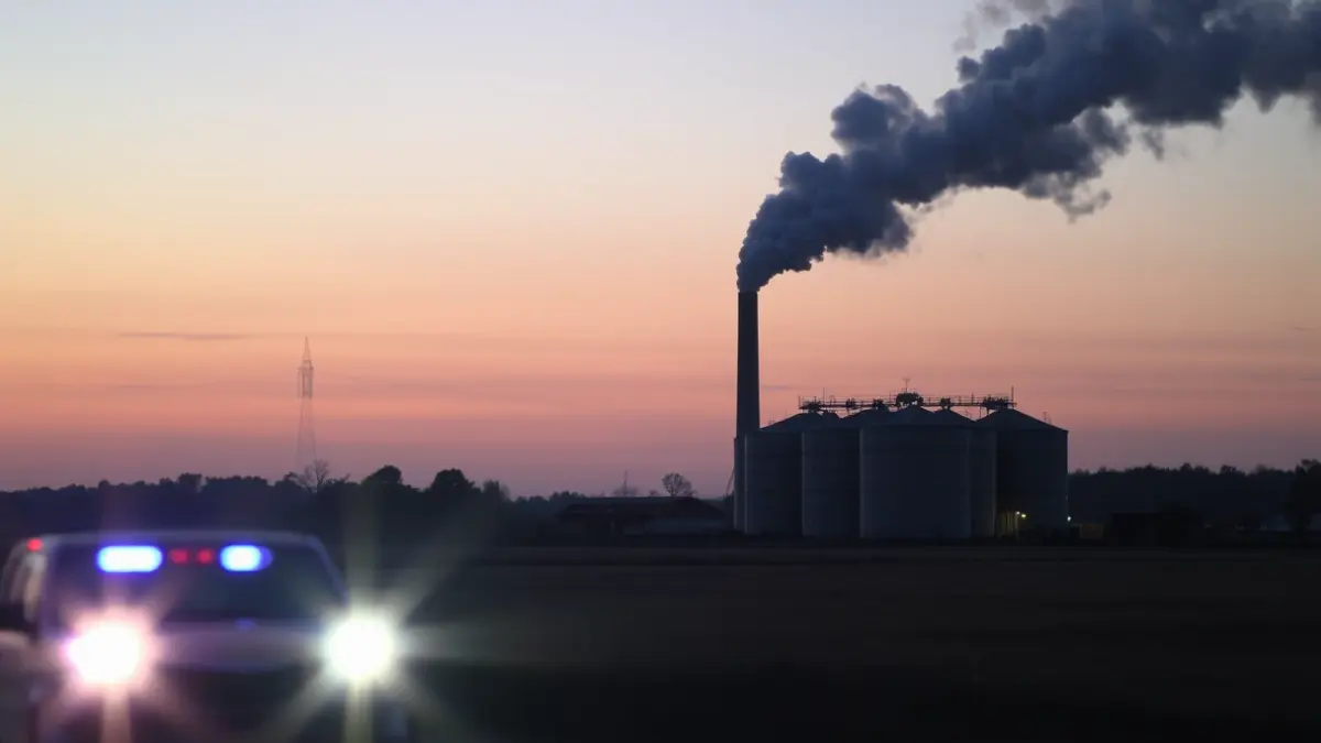 Imagen de un silo industrial con humo saliendo, con luces de emergencia borrosas en primer plano.
