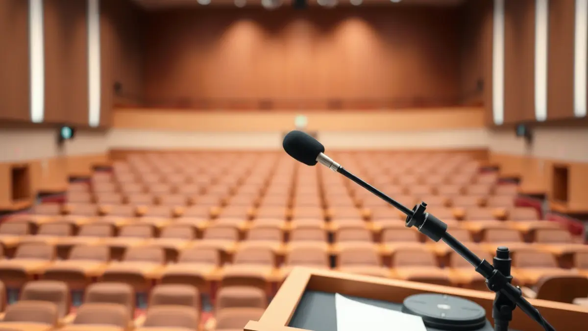 Imatge genèrica d'un micròfon en un faristol en una sala de reunions buida, amb cadires desenfocades al fons.