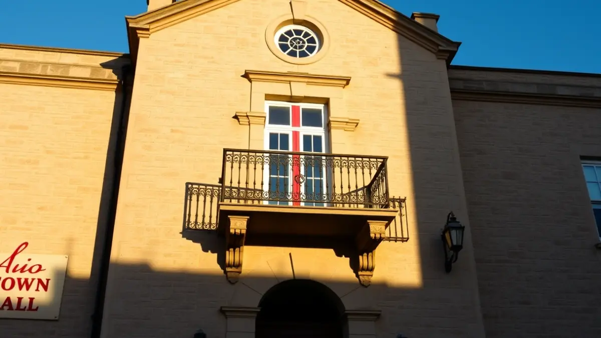 Facade of València city hall with wrought iron balconies and warm sunlight.