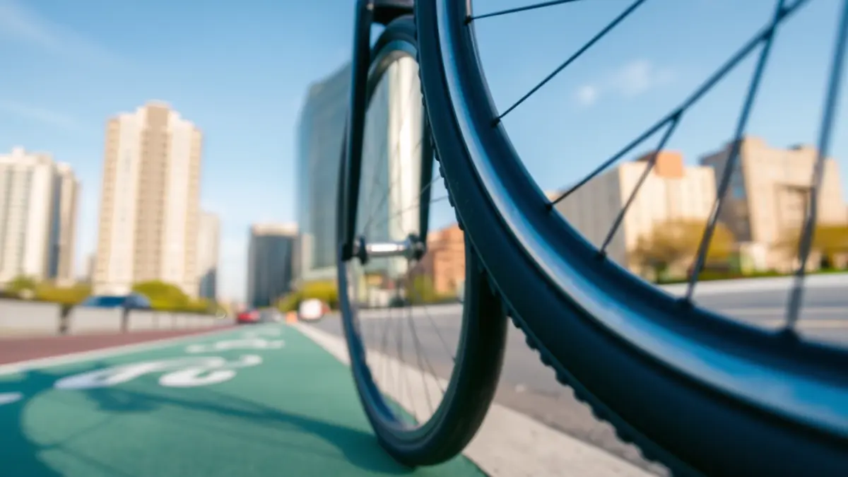 Imagen genérica de una rueda de bicicleta en un carril bici, con edificios urbanos desenfocados al fondo.
