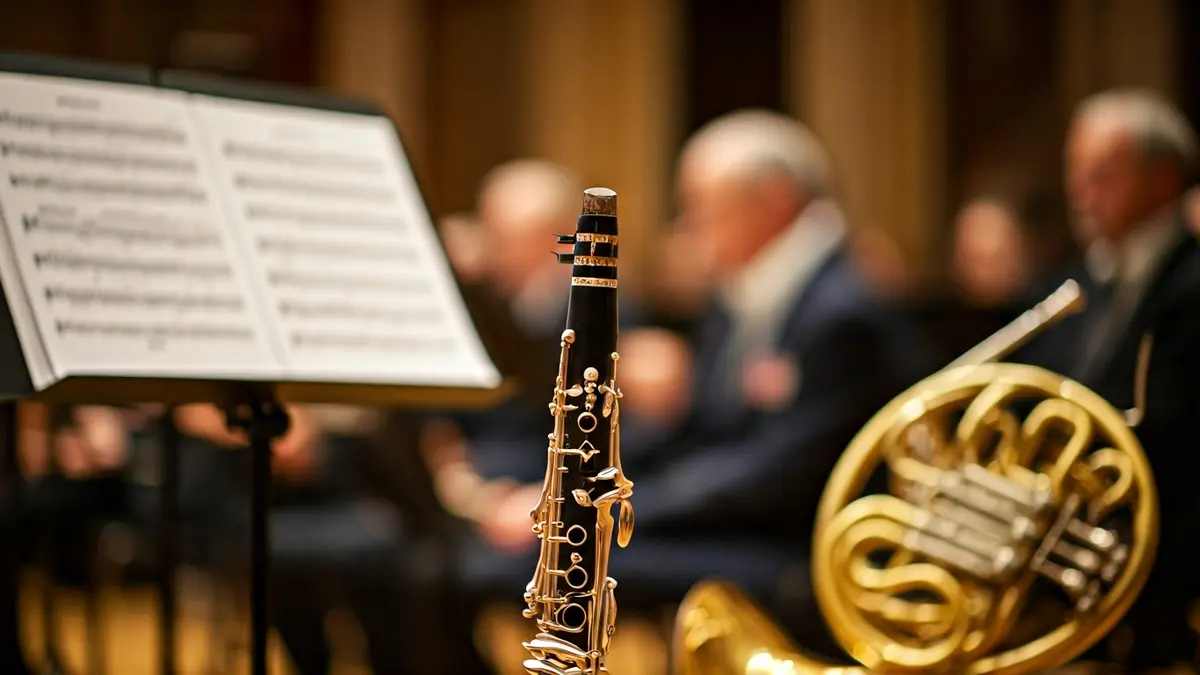 Generic image of musical instruments, a clarinet and a French horn, on a music stand.