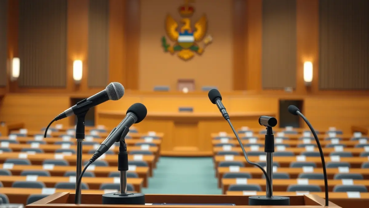 Generic image of a municipal plenary hall with microphones on a podium.
