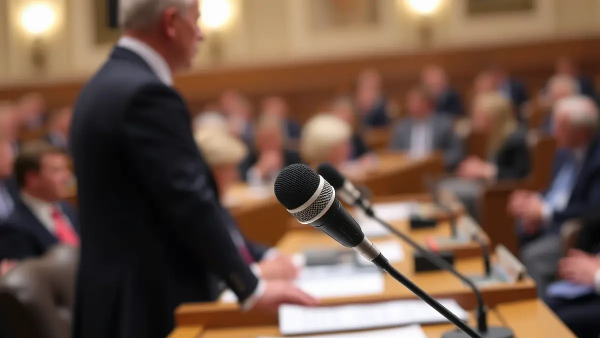 Generic image of a microphone on a podium, representing a political debate.