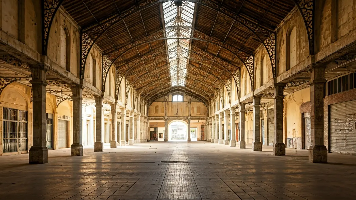 Imatge d'un mercat municipal antic i en desús, amb espai diàfan i llum natural, a l'espera d'una nova funció cultural.