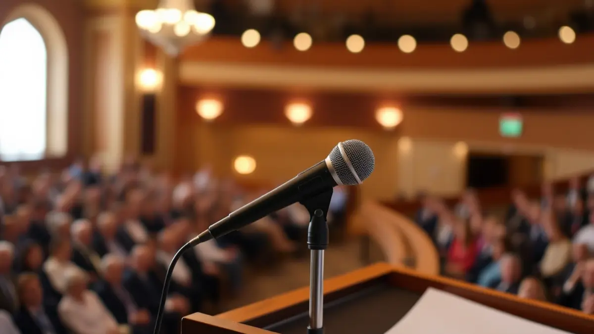 Imatge genèrica d'un micròfon en un faristol en un acte públic.