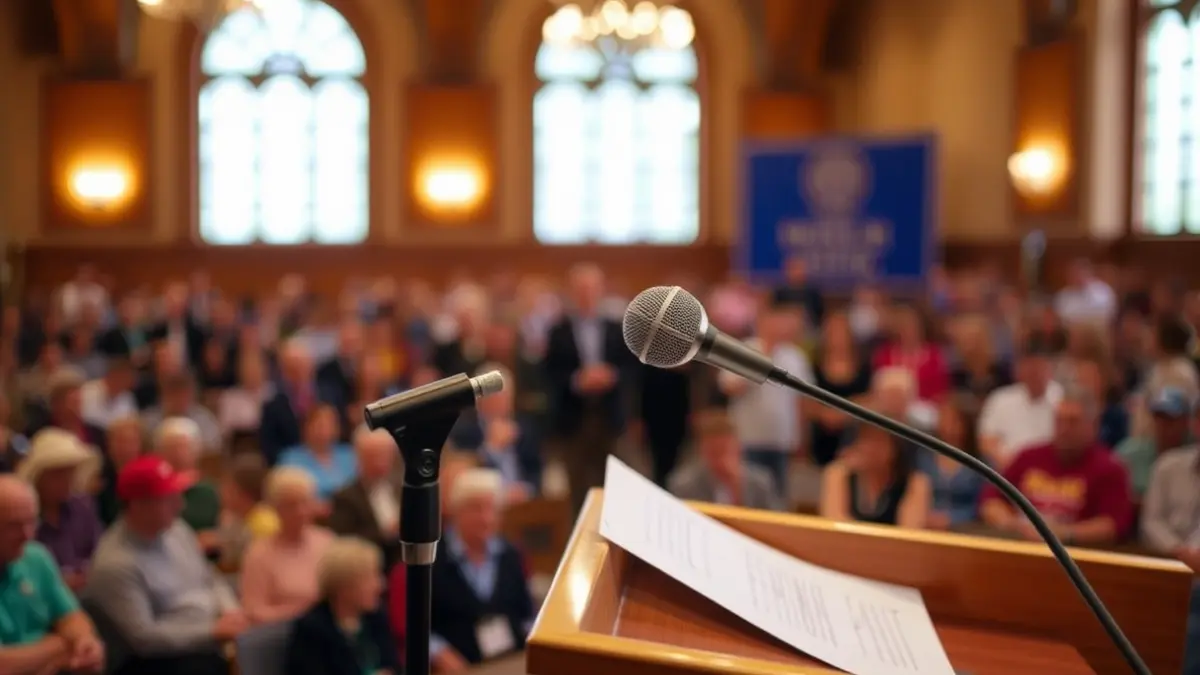 Generic image of a microphone on a podium during a political event.