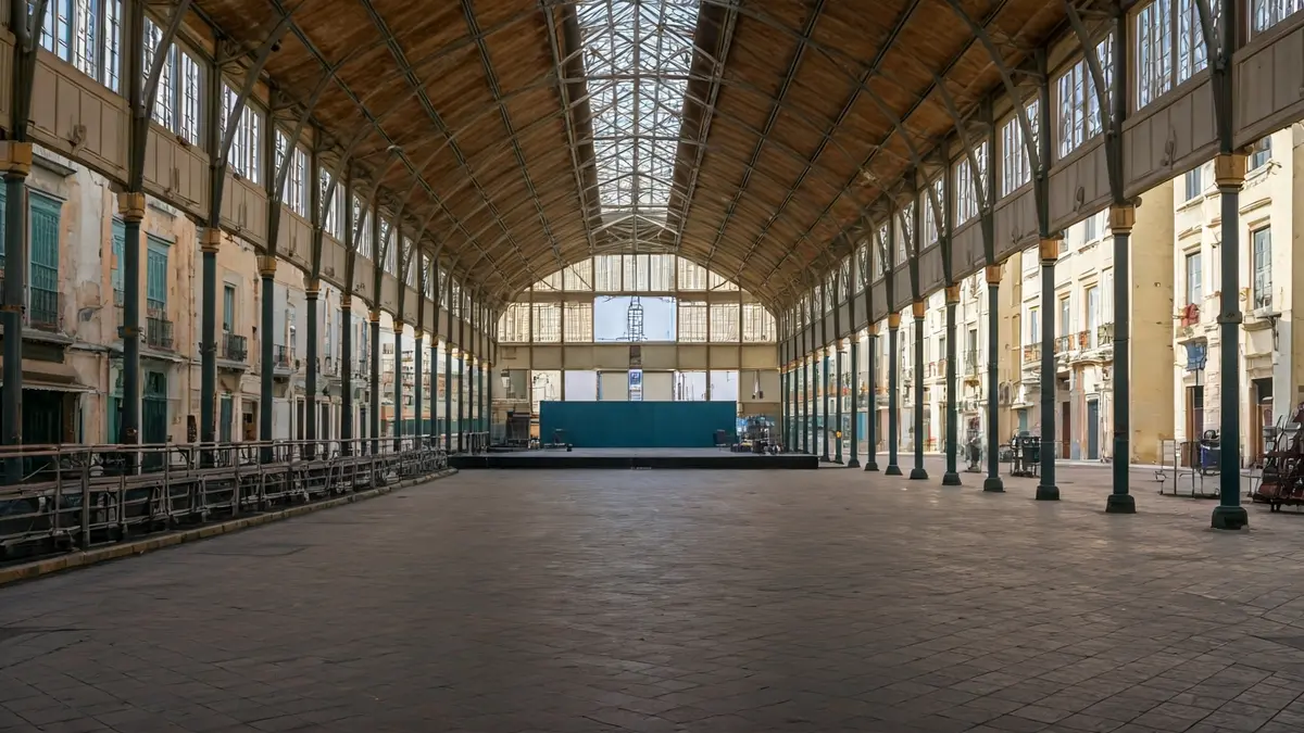 Imatge d'un mercat municipal buit, amb espai diàfan i llum natural, suggerint un ús alternatiu com a teatre.