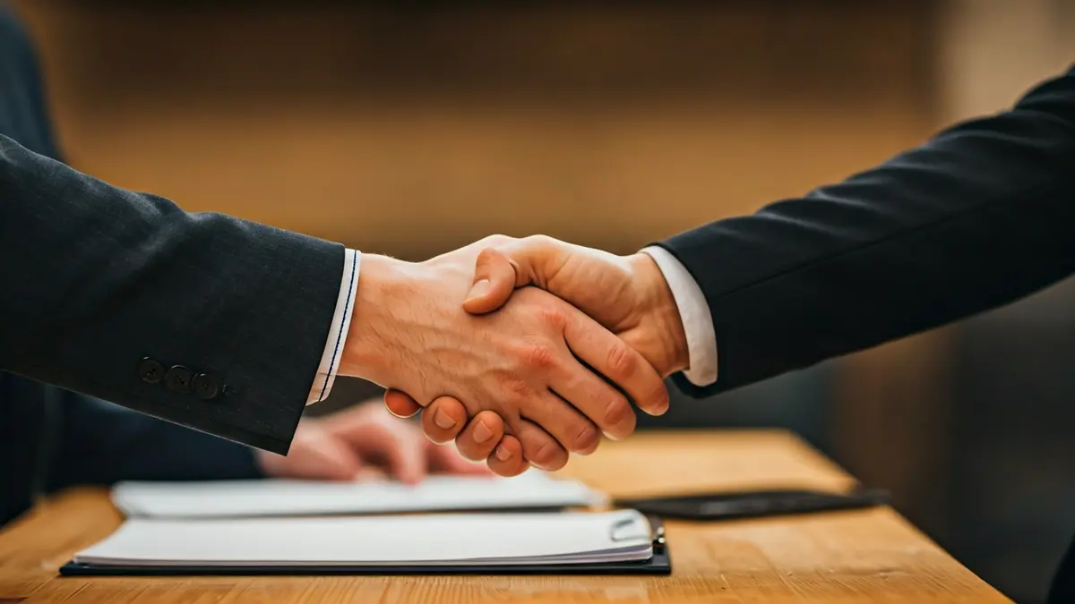 Generic image of two hands shaking over paperwork, symbolizing an agreement or negotiation.