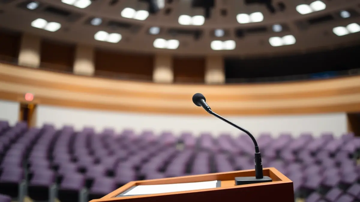 Imatge genèrica d'un micròfon en un faristol, simbolitzant un anunci polític o una assemblea.