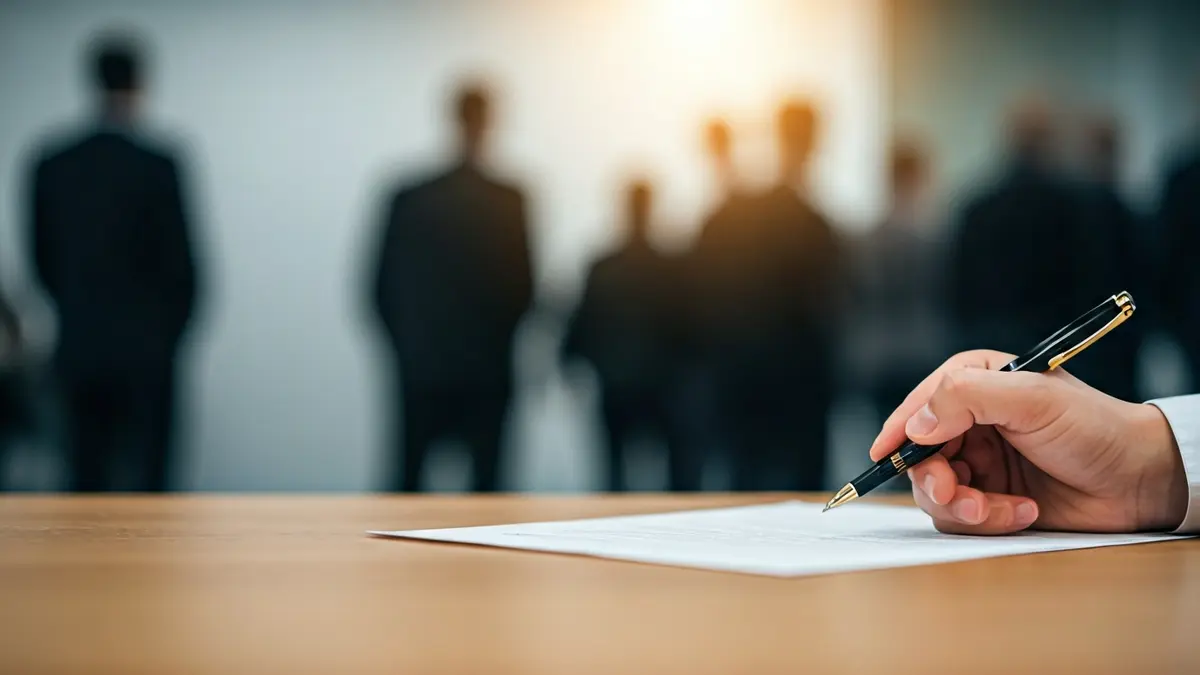 Generic image of a hand with a pen over a document, symbolizing political decision-making.
