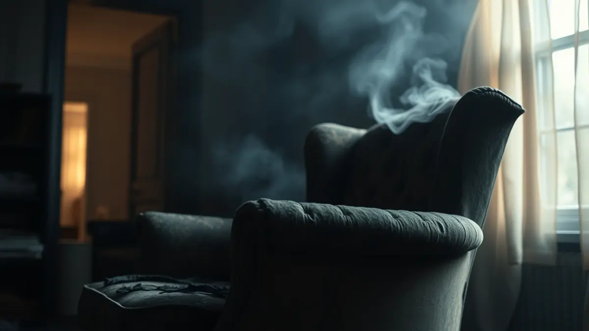 Imatge d'un silló cremat després d'un incendi en una vivenda.