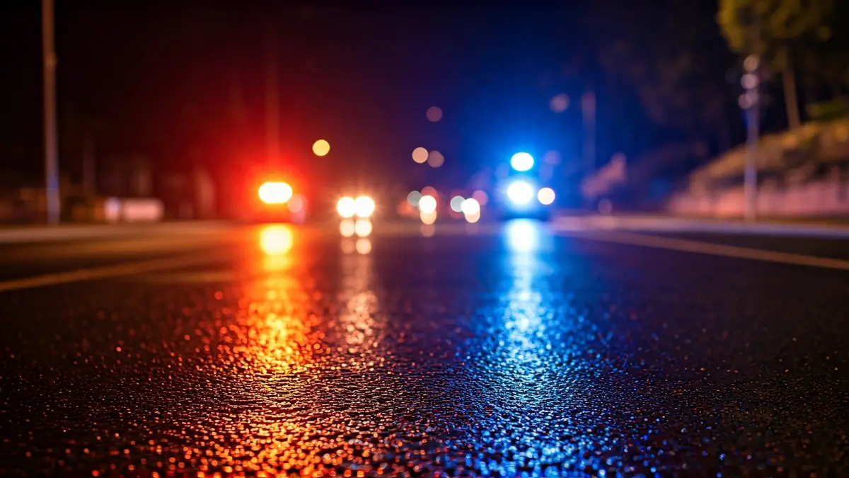 Imatge genèrica de llums d'emergència reflectint-se sobre asfalt mullat de nit.