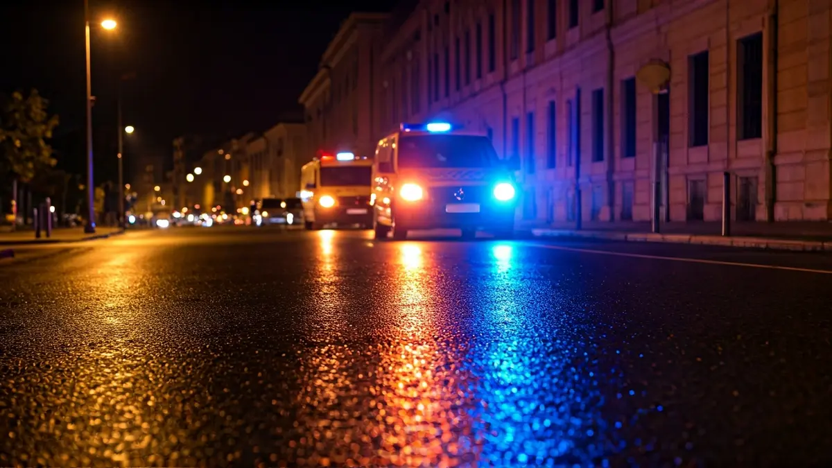 Imatge genèrica de llums d'emergència reflectint-se sobre l'asfalt mullat.