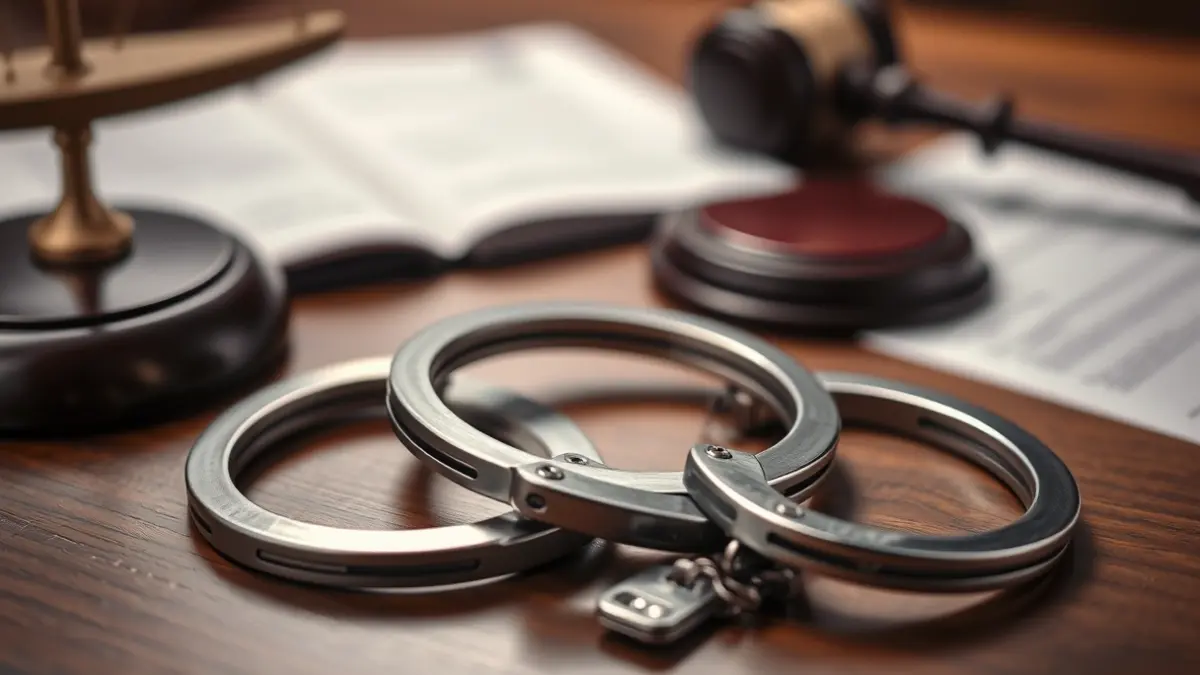 Generic image of handcuffs on a wooden table, with blurred legal documents in the background.