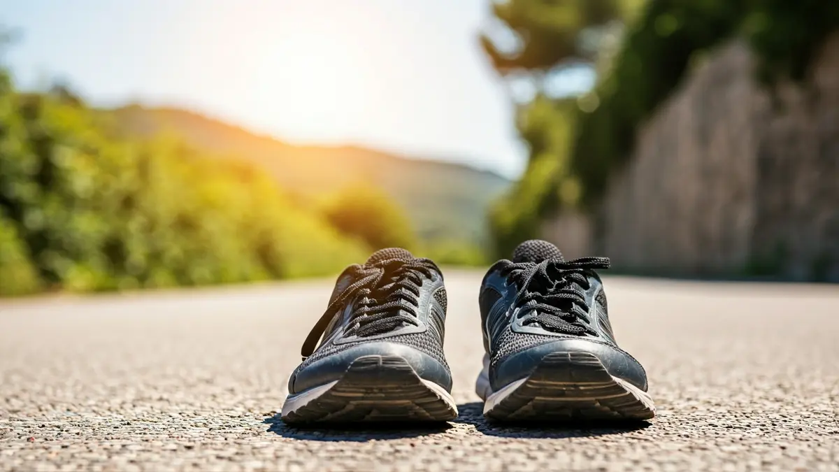 Imatge genèrica d'unes sabatilles còmodes en un camí, amb un fons borrós de paisatge mediterrani, suggerint una caminada o romeria.