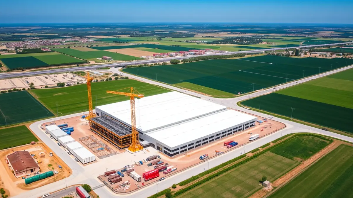 Aerial image of a large modern logistics center under construction, with cranes and materials, in a Mediterranean landscape.