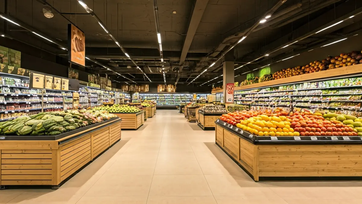Generic image of a modern supermarket interior with wide aisles and fresh produce sections.