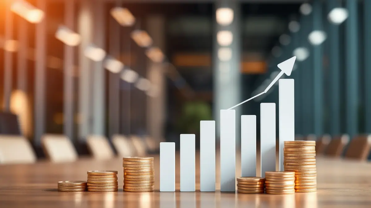 Imatge genèrica de creixement financer amb gràfics i monedes, en un entorn d'oficina.