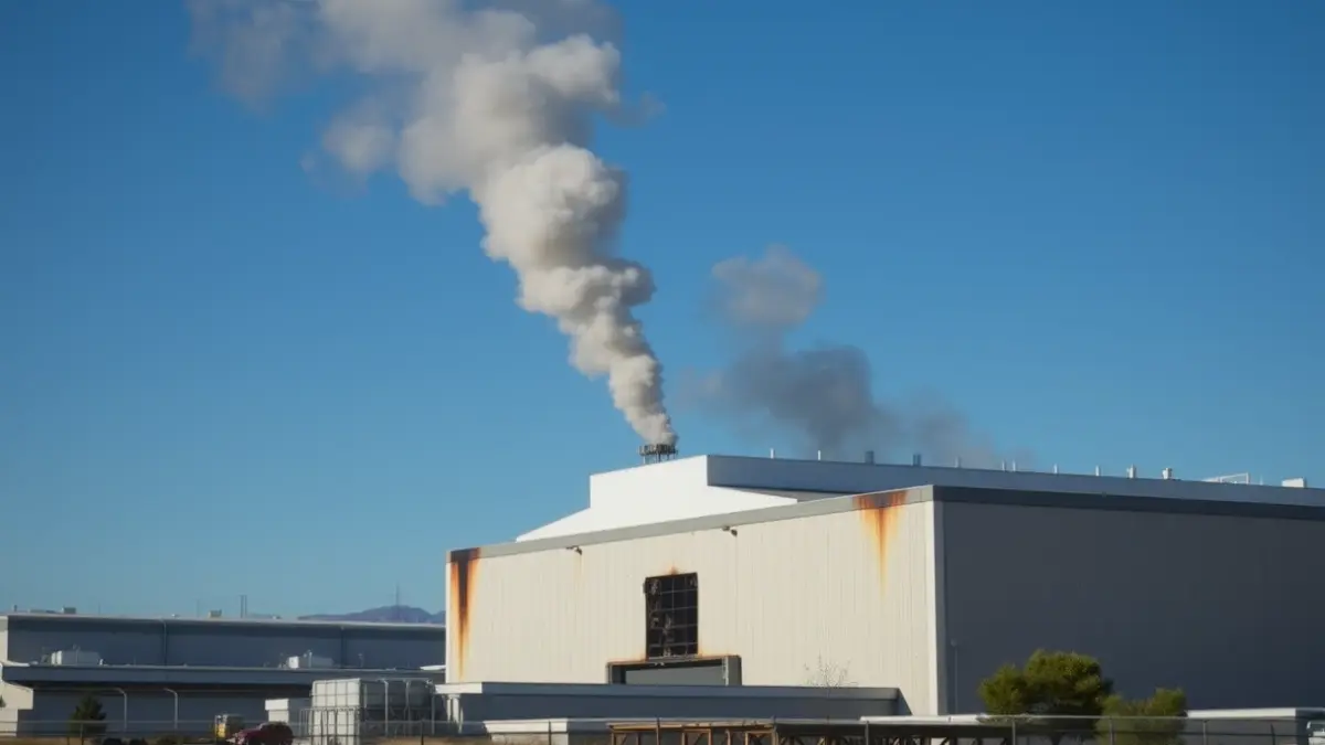 Image of an industrial warehouse with smoke rising, after a fire in Bonrepòs i Mirambell.