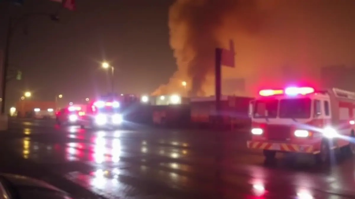 Imagen genérica de un incendio industrial con luces de emergencia reflejándose en el suelo mojado y humo en el aire.