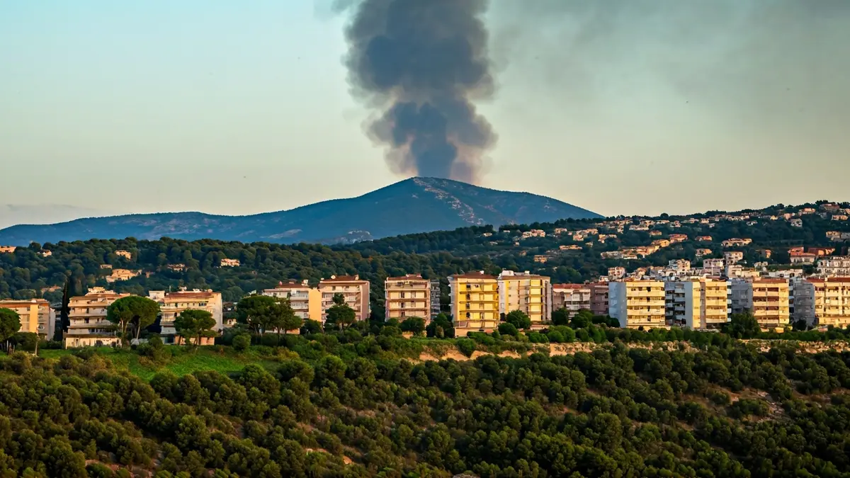 Imagen de una columna de humo sobre una zona boscosa con casas al fondo
