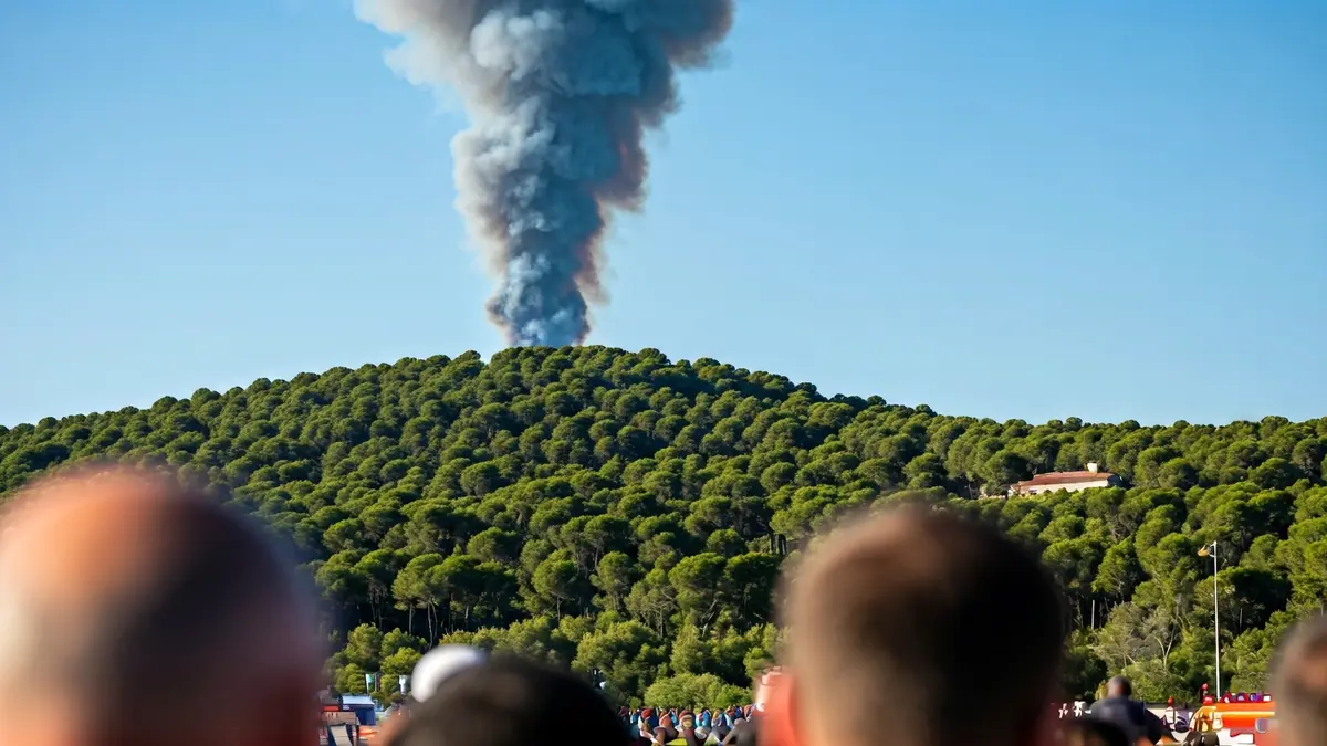 Generic image of a smoke column over a Mediterranean forest with blurred emergency lights.