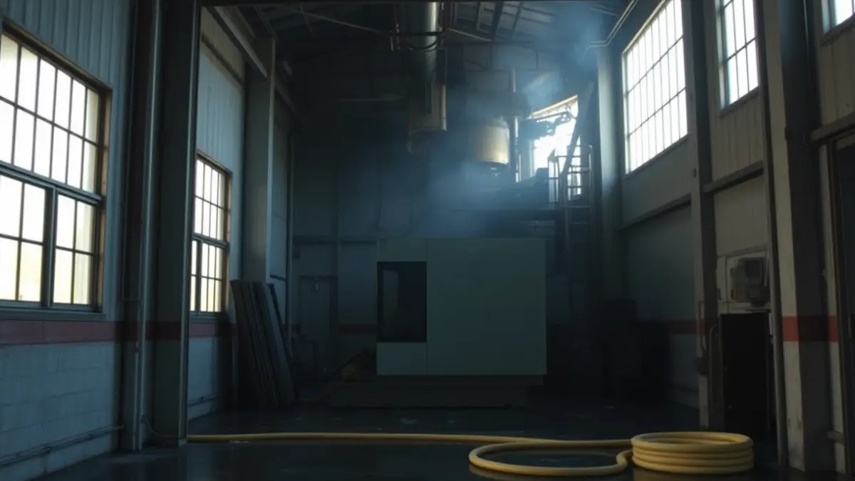 Imatge d'una nau industrial amb danys menors per incendi en una màquina.