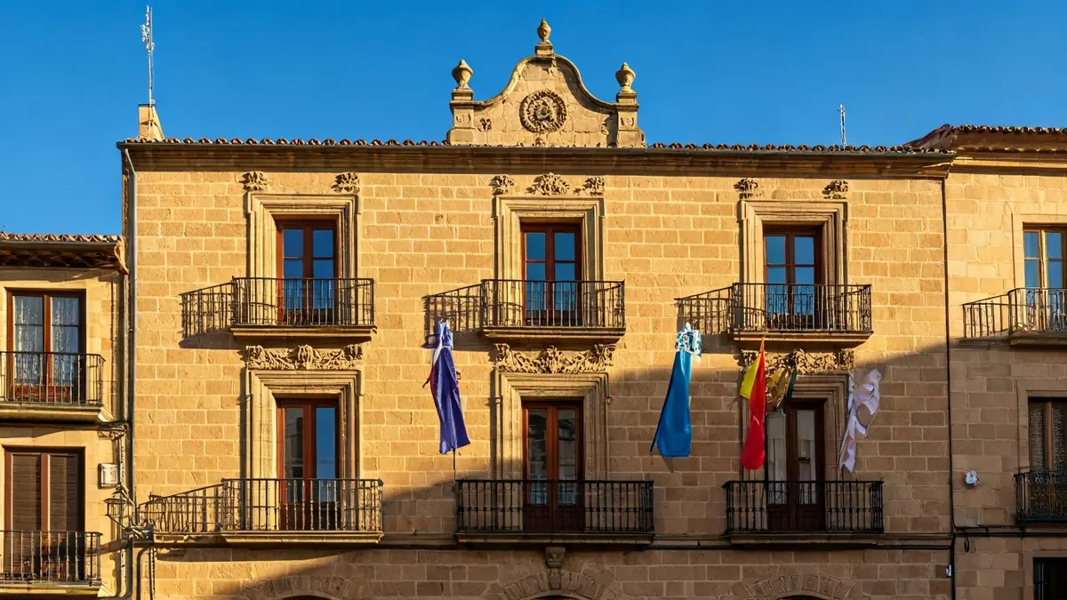 Façana de l'ajuntament de Costur, amb balcó i baranes de ferro, il·luminada pel sol de la vesprada.
