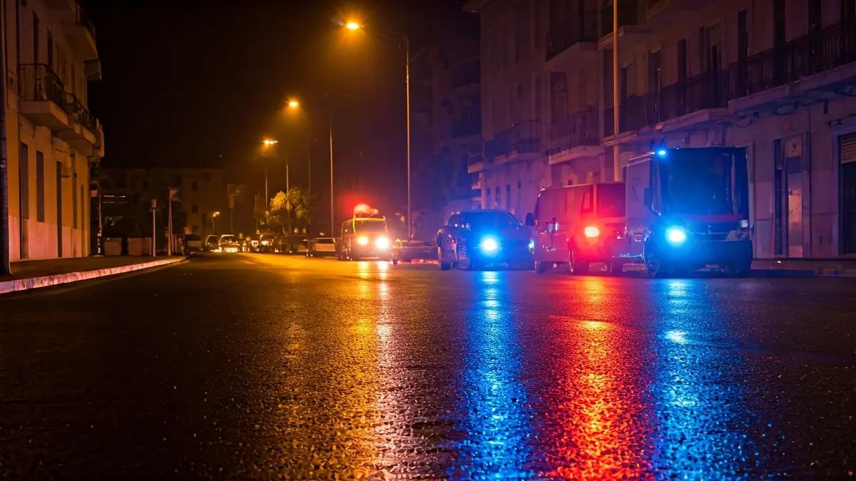 Generic image of emergency lights reflecting on wet asphalt at night.