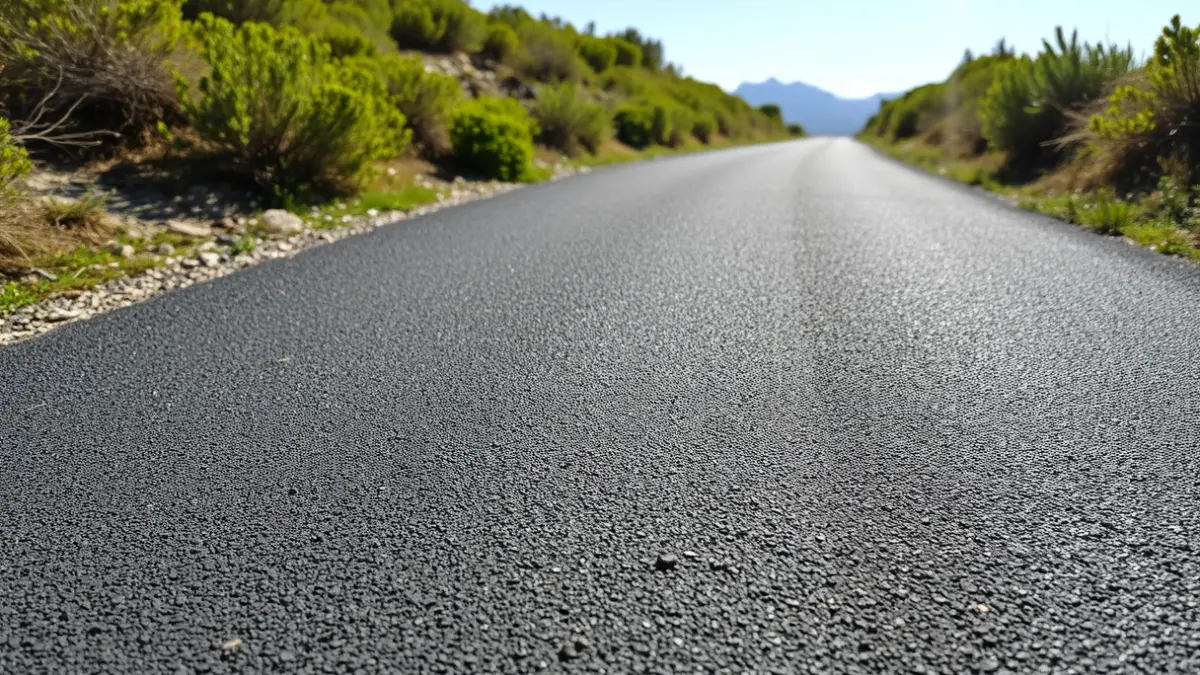 Imagen de una capa de asfalto sobre una vía verde, con vegetación a los lados.